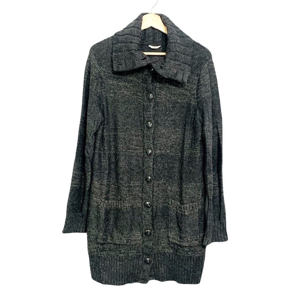 Fossil Gray Longer Line Chunky Cardigan Sweater Silver Metallic Threading Large
